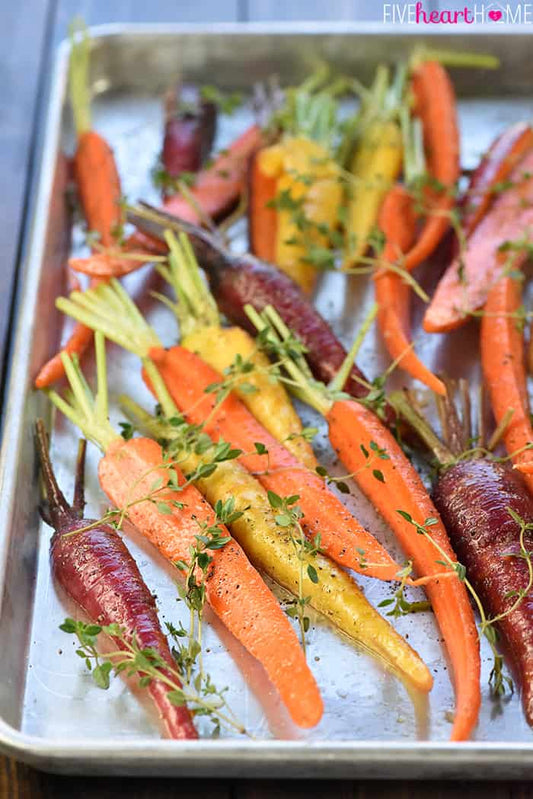 Lemon-Basil Olive Oil Roasted Carrots with Clover Honey Drizzle