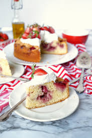 Strawberry Olive Oil Cake with Strawberry Peach White Balsamic Glaze