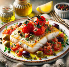 Mediterranean Olive Oil Poached Fish with Burst Tomatoes & Herbs