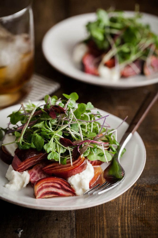 Roasted Beet & Goat Cheese on a bed of Microgreens