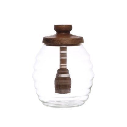Glass Honey Jar w/ Acacia Wood Lid & Attached Honey Dipper | 14 oz