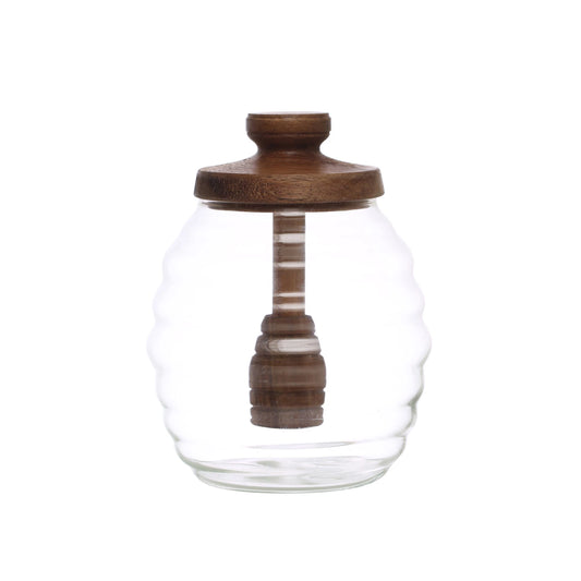 Glass Honey Jar w/ Acacia Wood Lid & Attached Honey Dipper | 14 oz