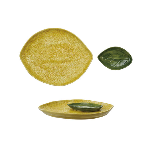 Stoneware Lemon Shaped Platter with Leaf Shaped Dish