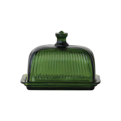 Green Pressed Ribbed Glass Butter Dish
