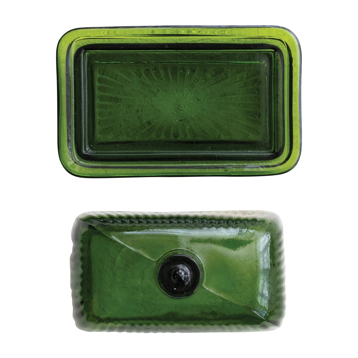 Green Pressed Ribbed Glass Butter Dish