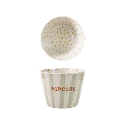 Hand-Painted Embossed Stoneware Scalloped Striped Popcorn Bowl