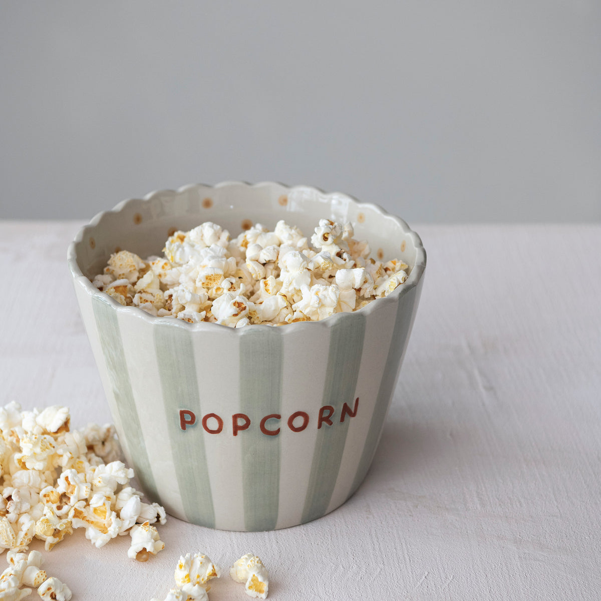 Hand-Painted Embossed Stoneware Scalloped Striped Popcorn Bowl